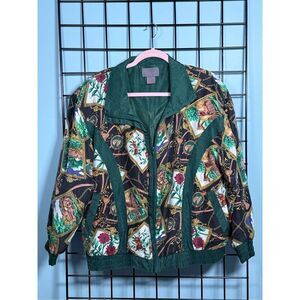 Vintage Chinese Silk Horse Jogger Windbreaker Womens M Green 90s Coastal Grandma